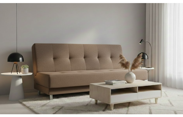 Wersalka Edi soro 91 beżowo - brązowy na sprężynach z funkcją spania i pojemnikiem